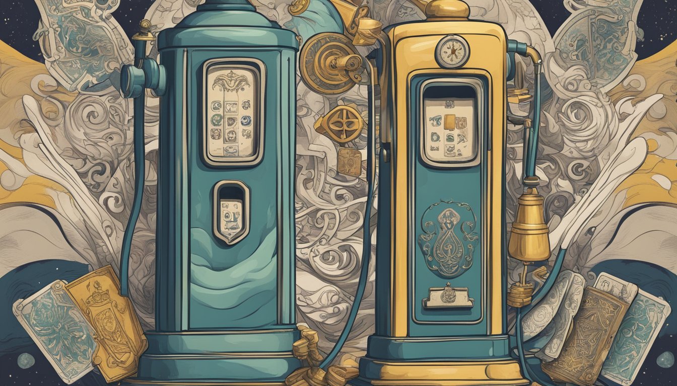 A vintage gas pump with mystical symbols and tarot cards scattered around it, surrounded by a swirling aura of energy