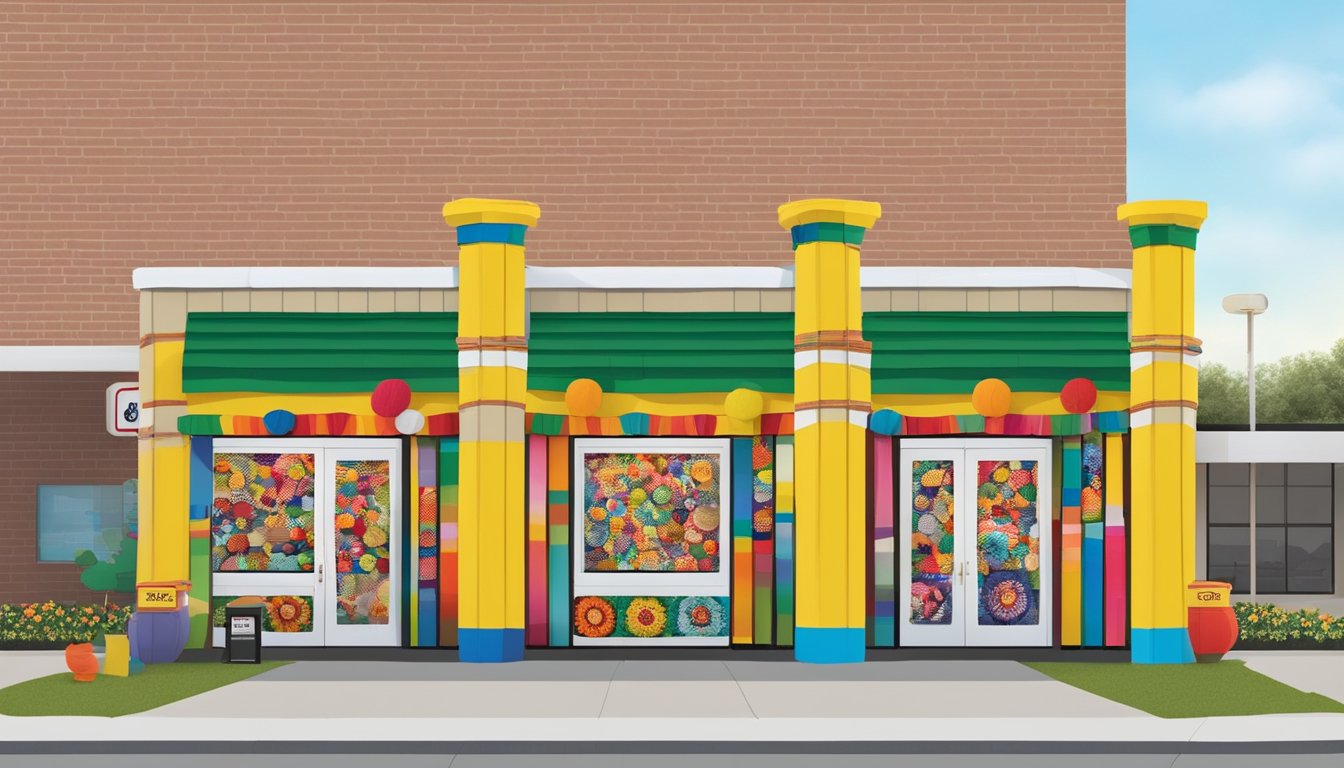 A colorful yarn bomb covers the exterior of a Buc-ee's convenience store, with crocheted designs adorning the building and gas pumps