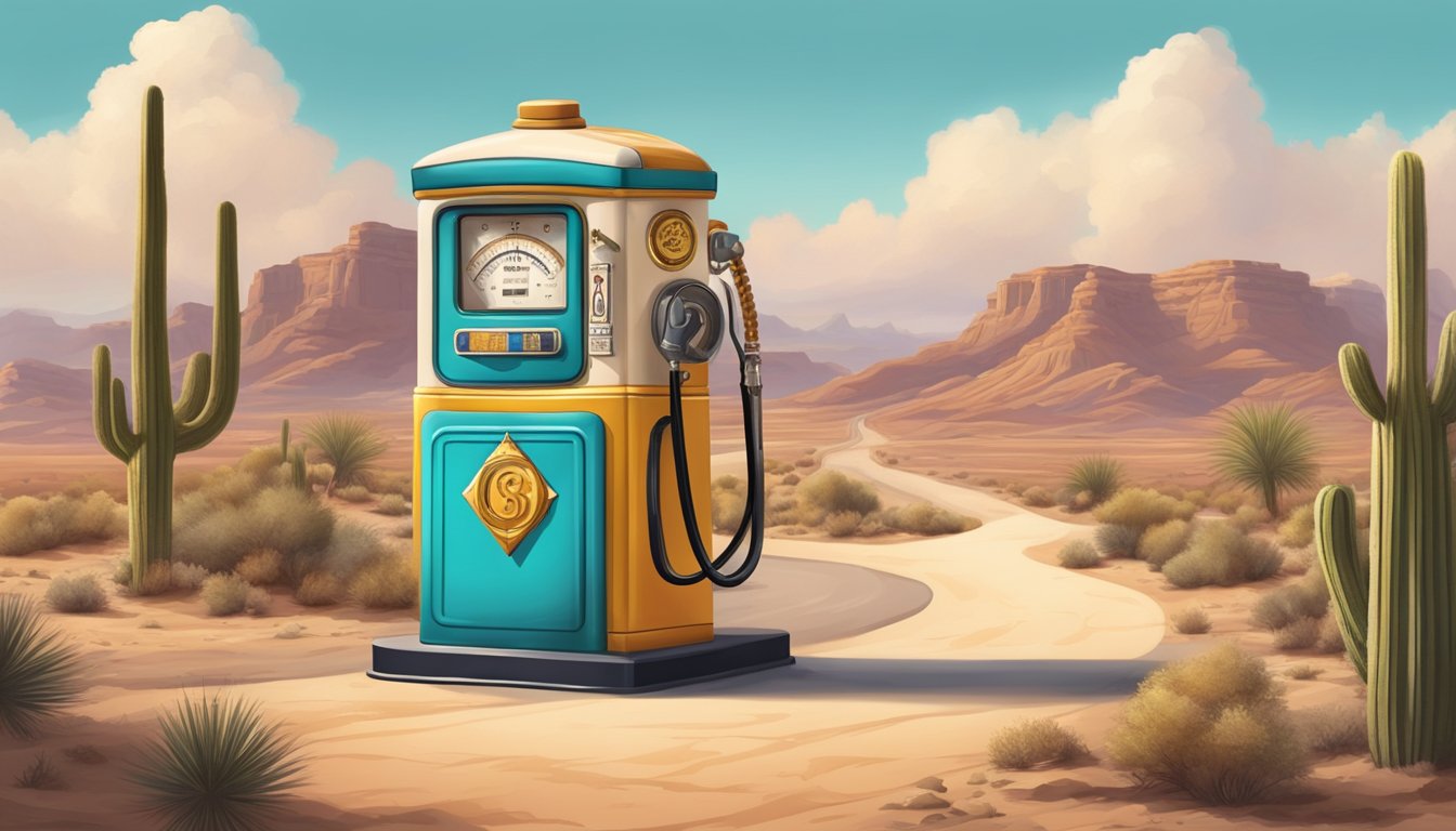 A vintage gas pump adorned with mystical symbols and signs, surrounded by a desert landscape with a winding road disappearing into the horizon