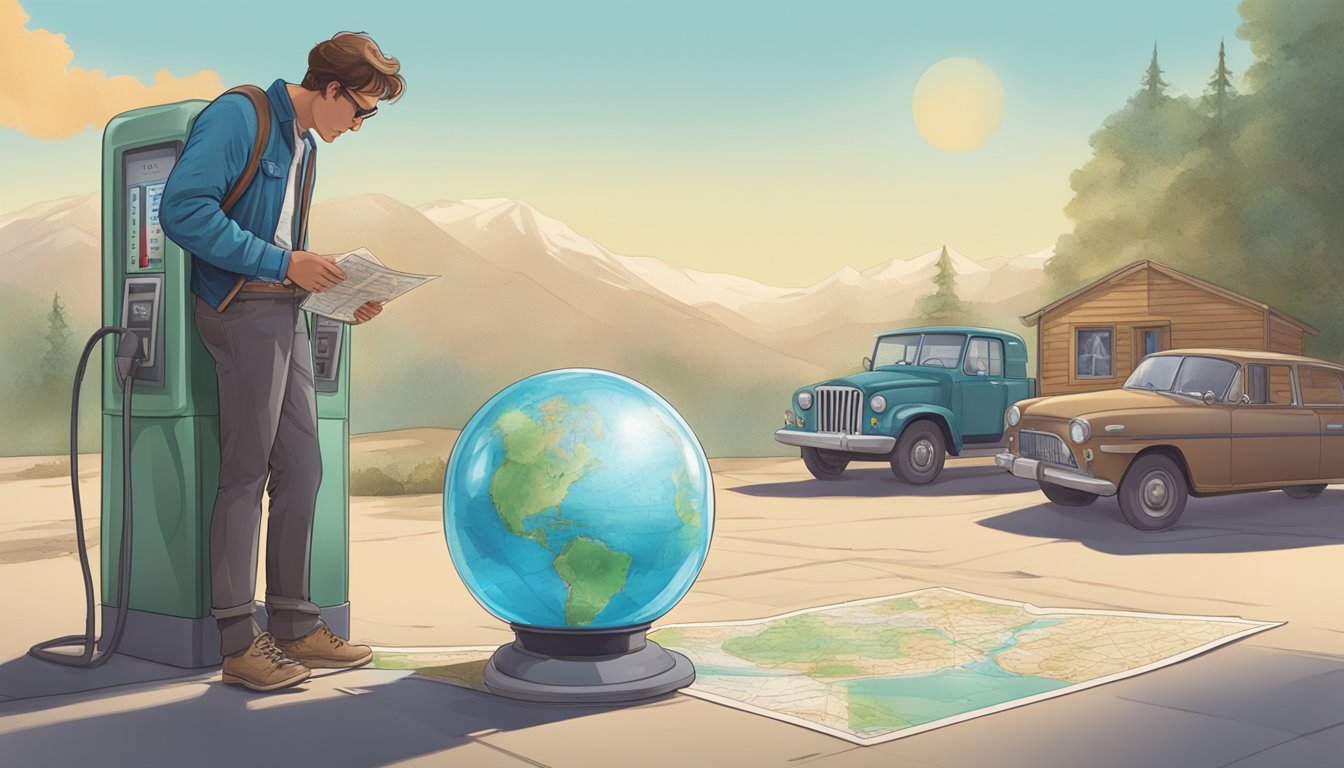 A traveler standing at a gas pump, gazing into a crystal ball while a map and compass lay on the ground