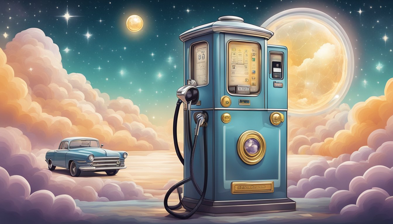 A vintage gas pump with a mystical crystal ball atop it, surrounded by swirling clouds and stars, as if the future is being predicted