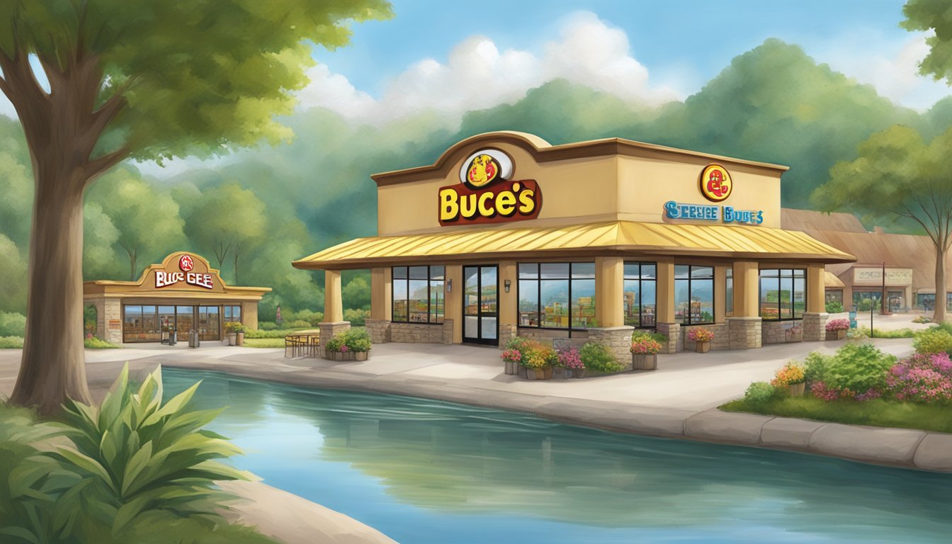 A serene Buc-ee's store with a calm atmosphere, surrounded by lush greenery and a peaceful, flowing stream