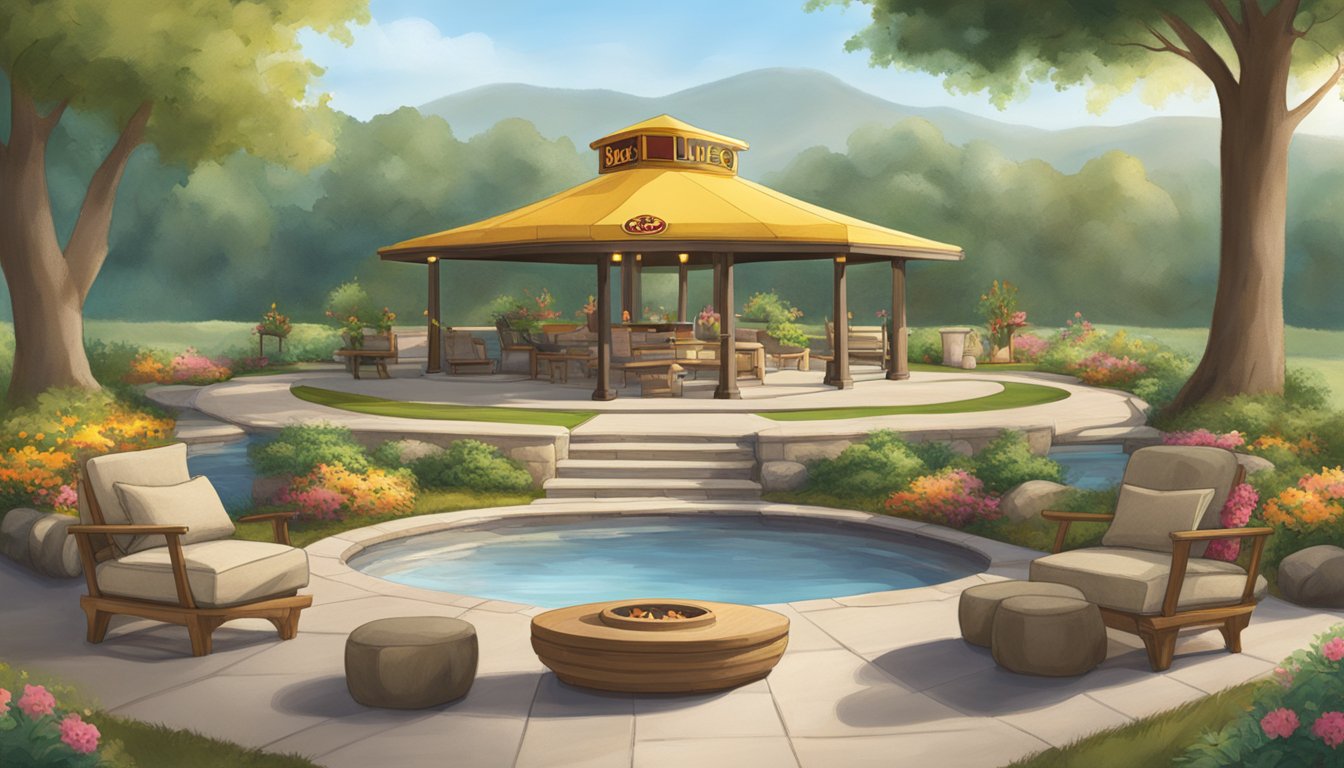 A serene outdoor setting with a Buc-ee's logo prominently displayed, surrounded by nature and featuring a peaceful meditation area with cushions and soft lighting