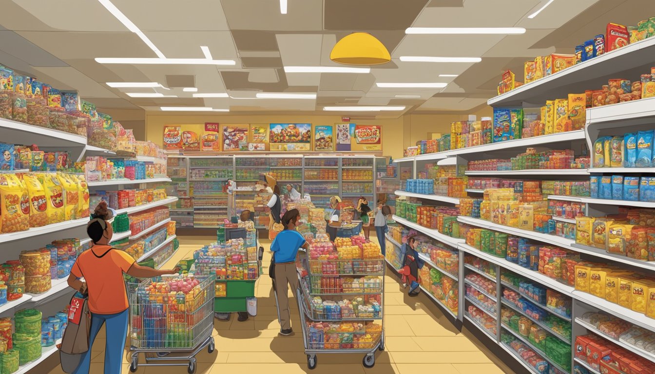 A bustling Buc-ee's store with towering shelves of merchandise, from plush beaver toys to branded mugs and snacks, surrounded by enthusiastic customers