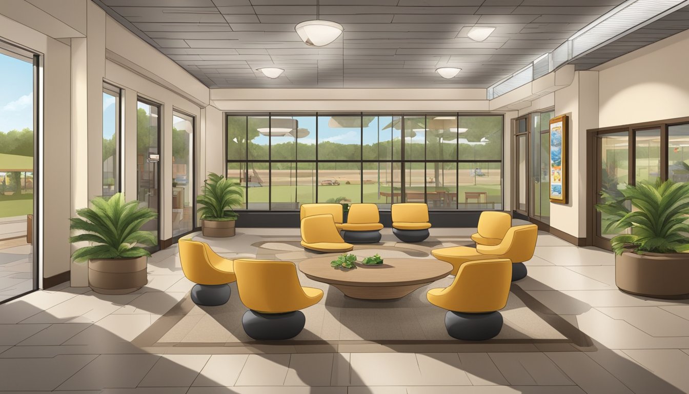 A serene meditation room inside a modern Buc-ee's travel center, with comfortable seating and soft lighting, providing a peaceful oasis for travelers