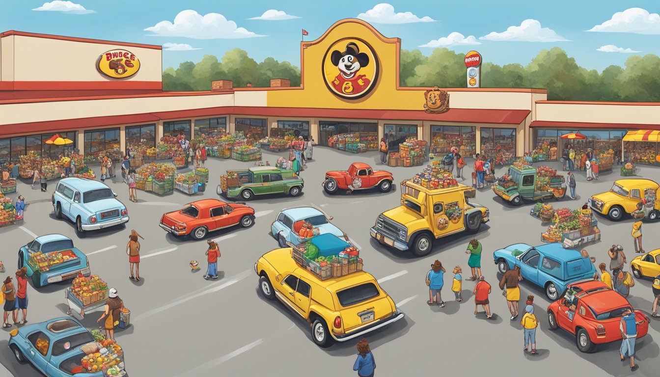 A crowded parking lot with cars adorned in Buc-ee's merchandise. People in the distance taking photos and laughing. A giant Buc-ee's mascot towering over the scene