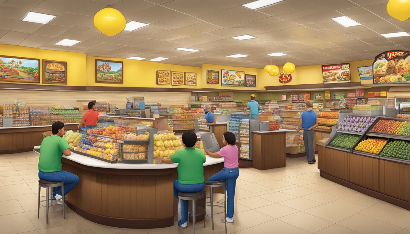 A bustling Buc-ee's store with friendly staff assisting customers. A serene meditation area with soft lighting and comfortable seating