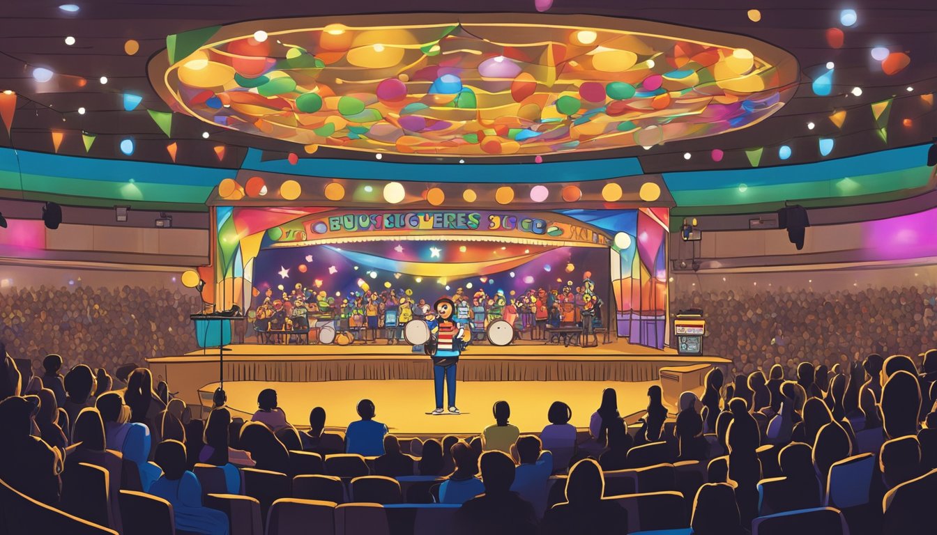 The stage at Buc-ee's is lit up with colorful spotlights, a microphone stands ready for performers, and the audience eagerly awaits the talent to come