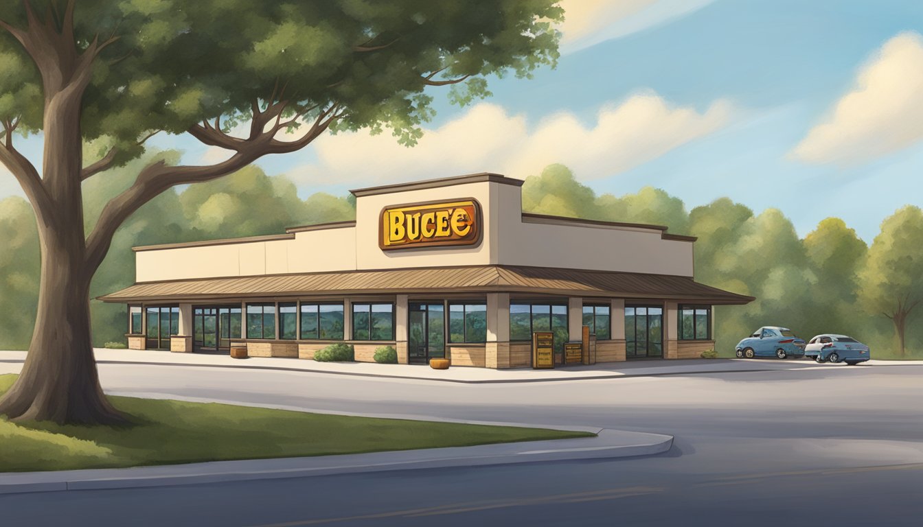 A serene landscape with a Buc-ee's store nestled among tall trees, with a peaceful atmosphere perfect for meditation and relaxation