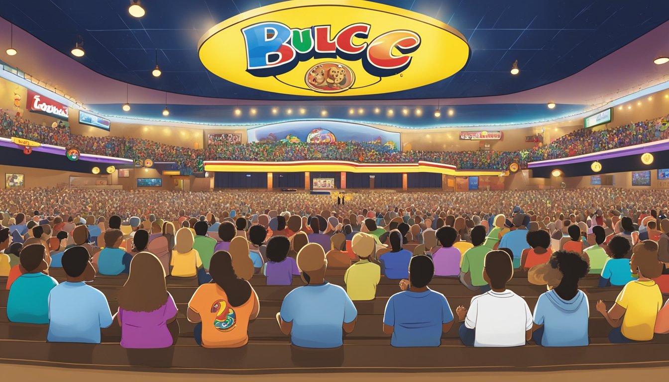 The stage at Buc-ee's is set with colorful lights and a microphone, surrounded by eager audience members and a lively atmosphere