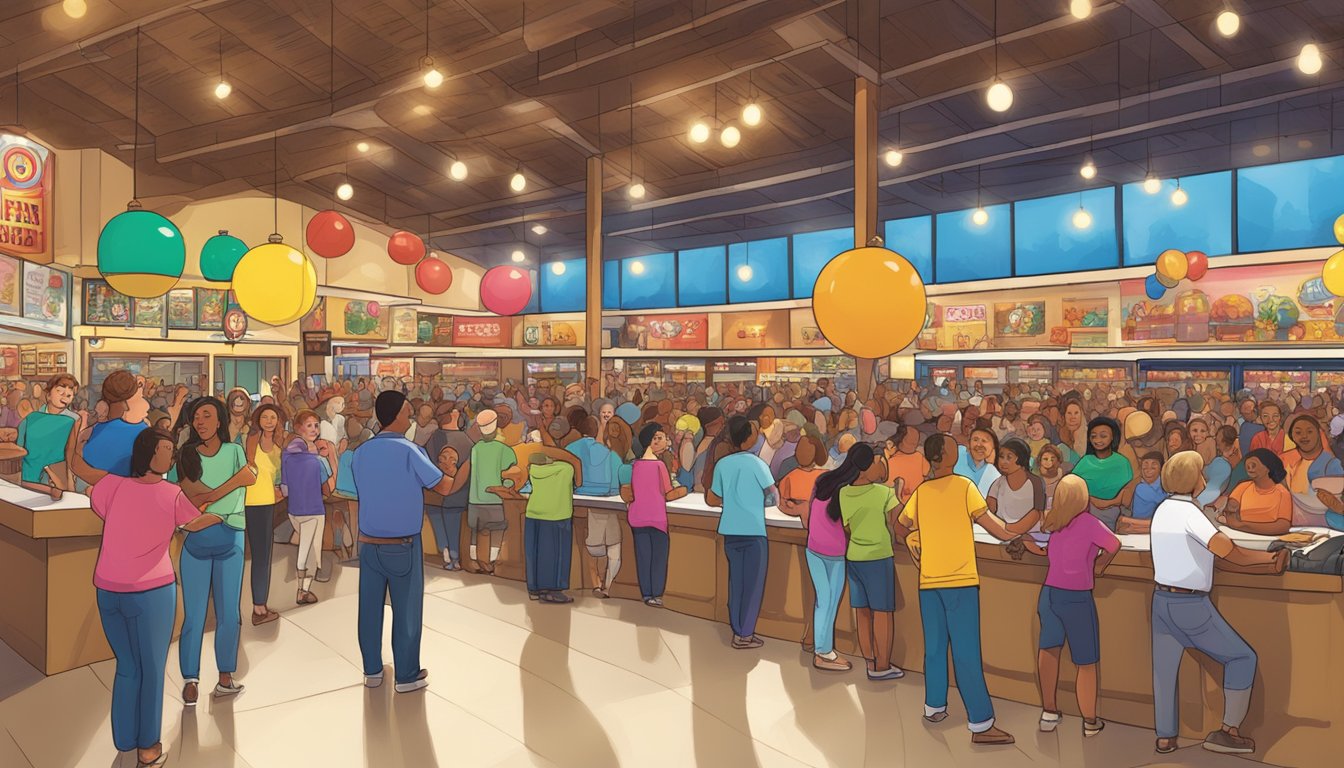 A crowded Buc-ee's store with a stage, colorful lights, and a diverse audience enjoying a talent night open mic event