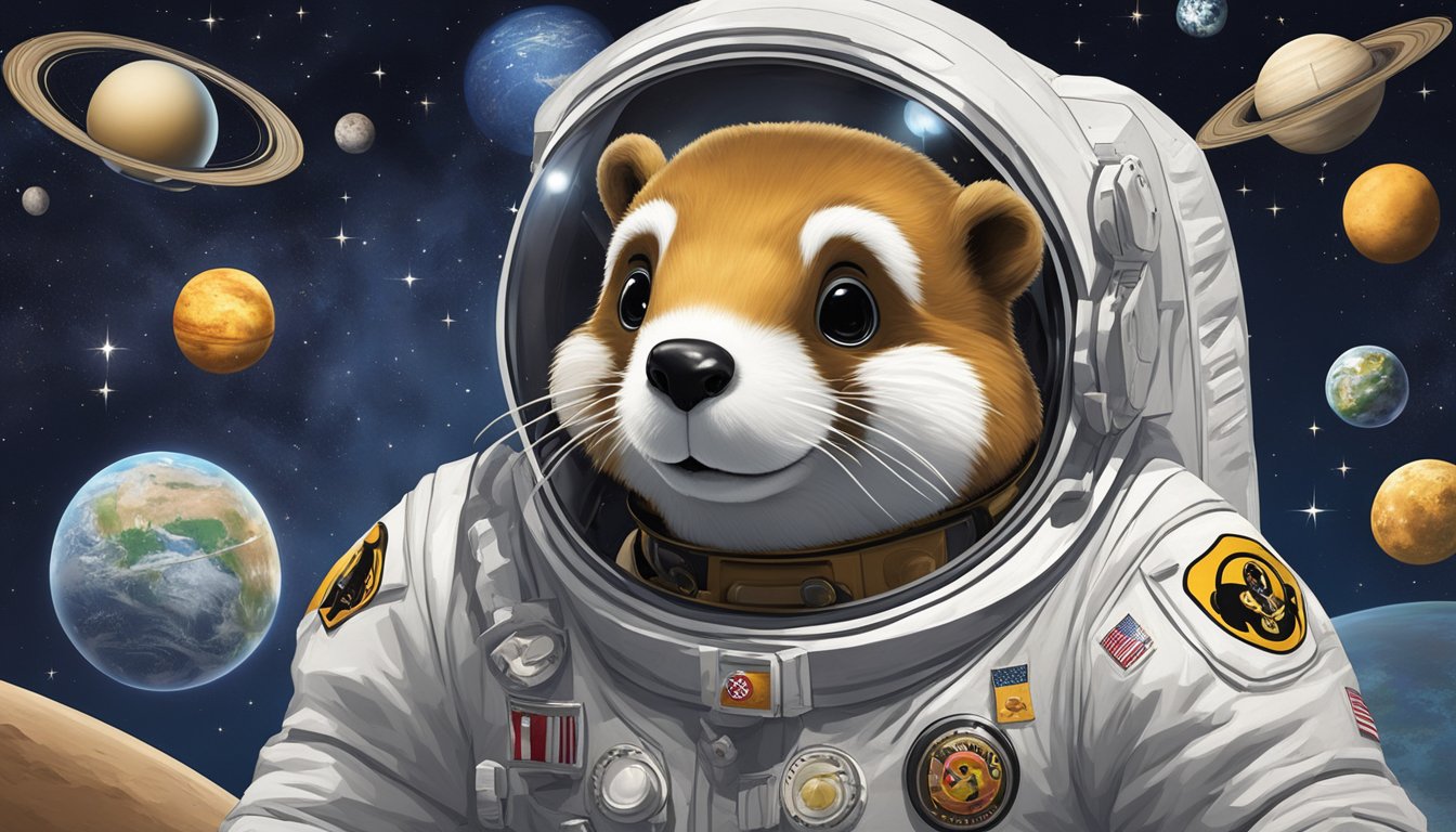 The iconic Buc-ee's beaver mascot floats in a space suit, surrounded by stars and planets, with the Buc-ee's logo prominently displayed on the spacecraft