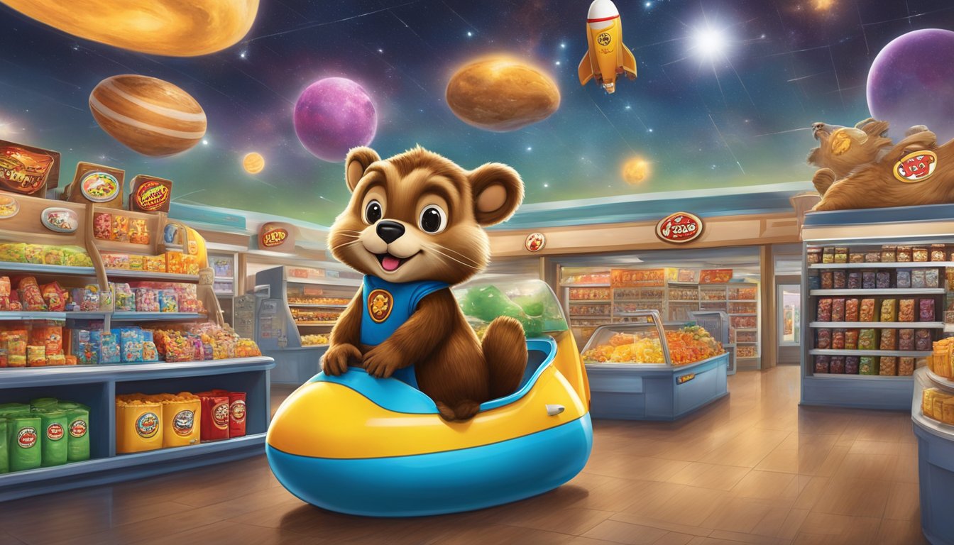 A Buc-ee's beaver mascot floats in a space-themed store, surrounded by rocket-shaped gas pumps and cosmic-themed snacks