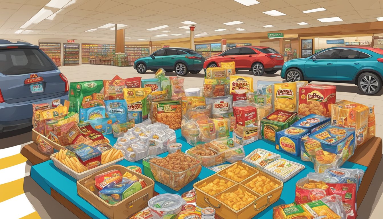 A table filled with board games, snacks, and road trip essentials at Buc-ee's