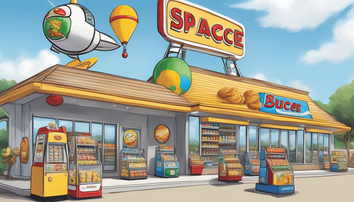 A space-themed Buc-ee's store with rocket-shaped gas pumps, astronaut-themed snacks, and planetary souvenirs