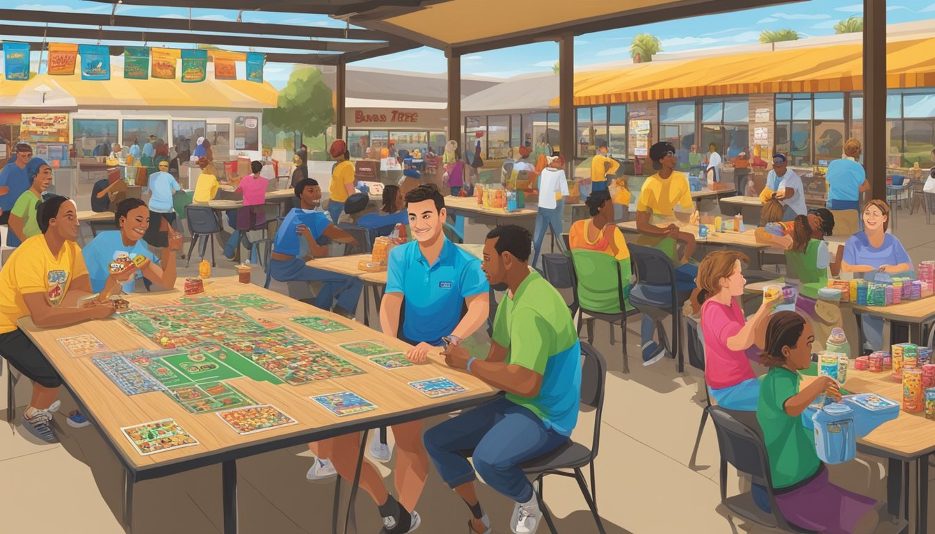 A table filled with board games, snacks, and drinks at a Buc-ee's rest stop. A colorful game board is being set up while travelers gather around