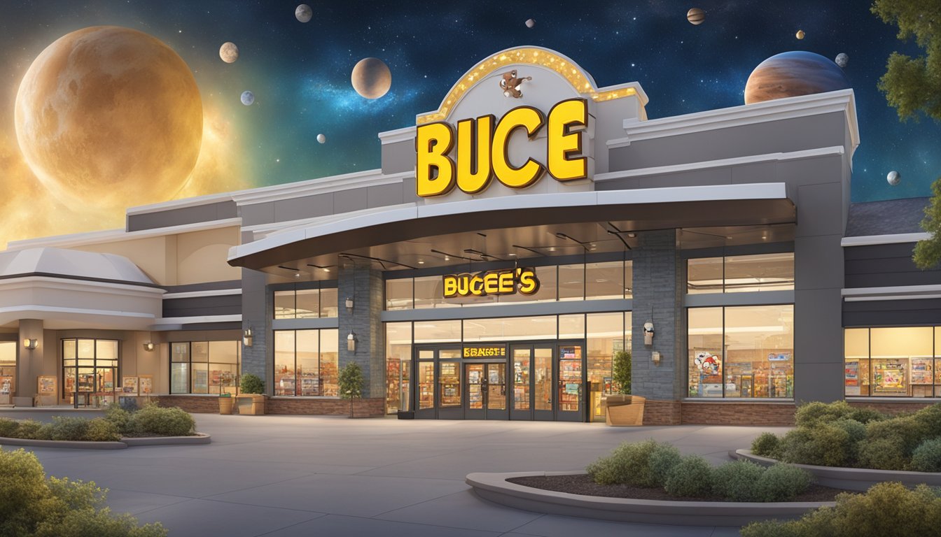 A Buc-ee's store floating in outer space surrounded by stars and planets, with the iconic beaver mascot waving from the front entrance