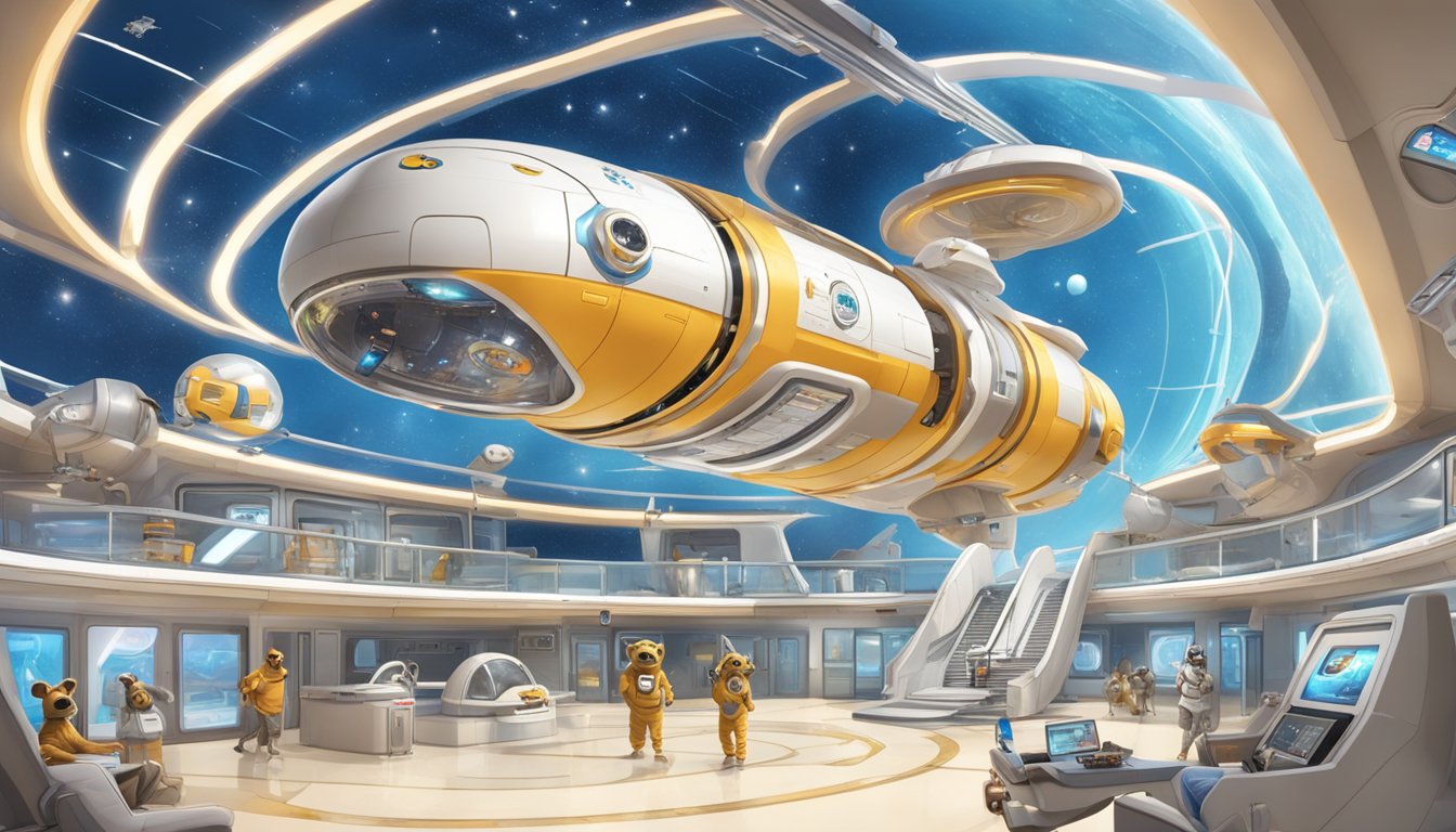 A futuristic space station with Buc-ee's iconic beaver mascot floating in zero gravity, surrounded by sleek, high-tech amenities and services for space travelers