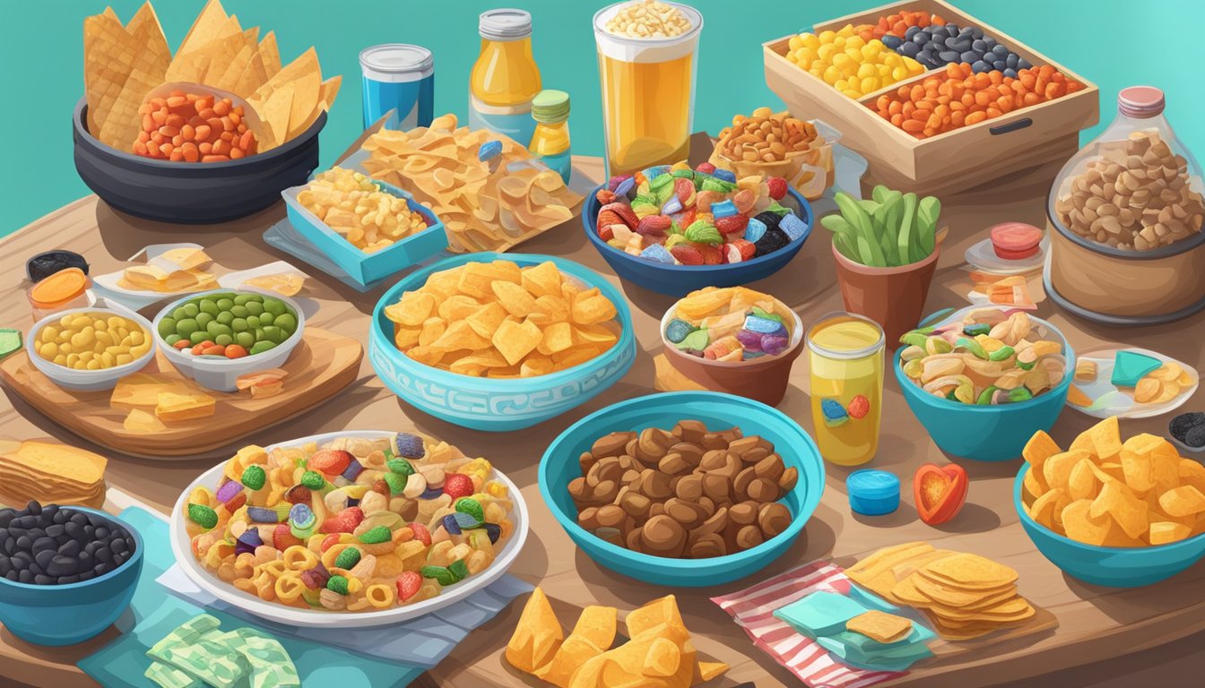 A table filled with colorful and diverse snack options, surrounded by board games and road trip essentials