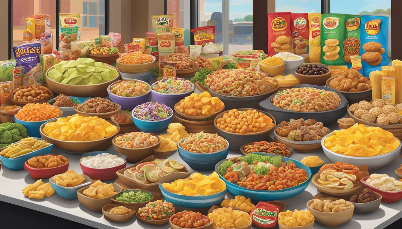 A colorful array of international foods merging with Buc-ee's iconic snacks and treats, creating a vibrant fusion cuisine display