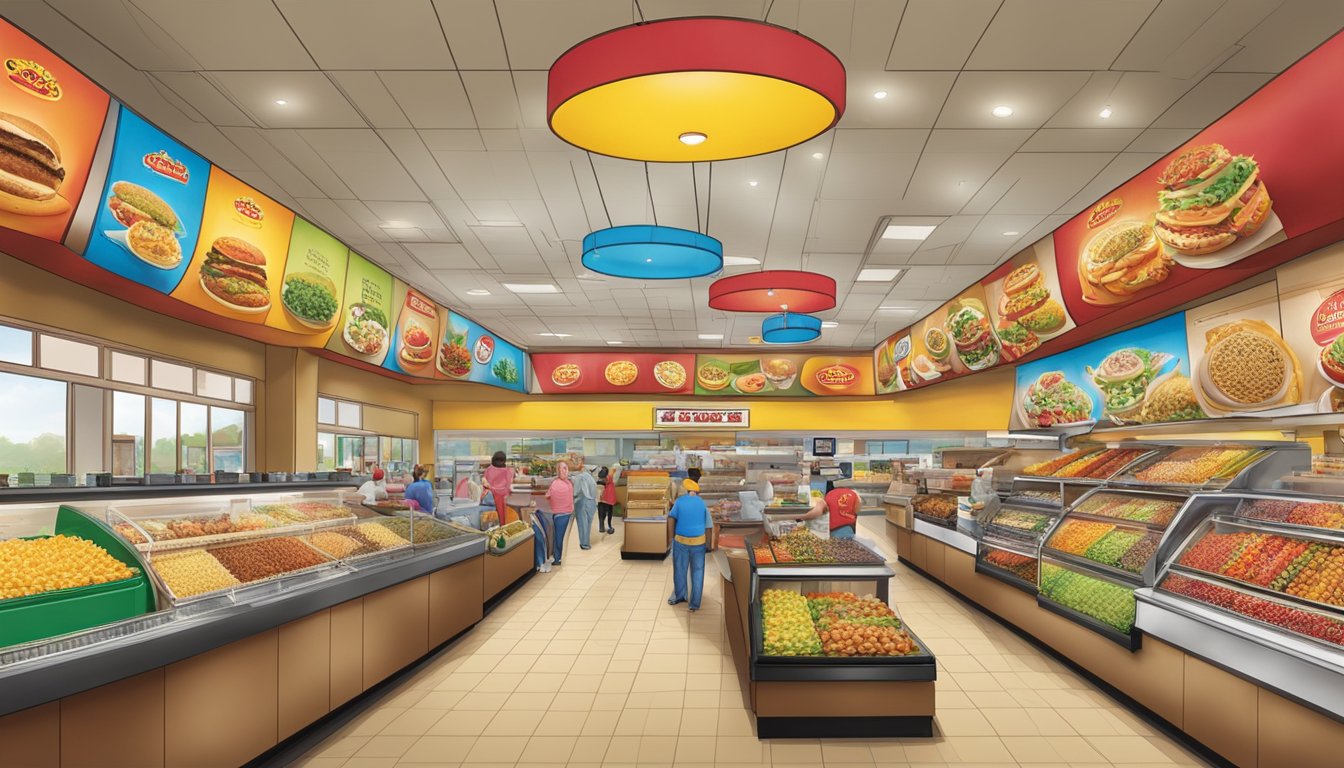 A bustling Buc-ee's store with a diverse array of international foods, blending Texan and global flavors in a vibrant fusion cuisine display