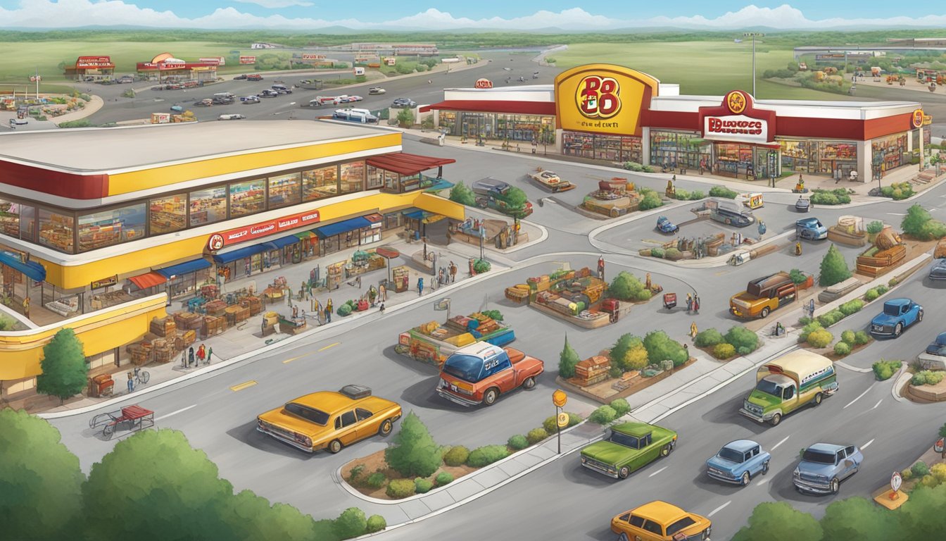 A sprawling landscape with multiple Buc-ee's stores, gas pumps, and beaver mascots, surrounded by bustling highways and diverse customers