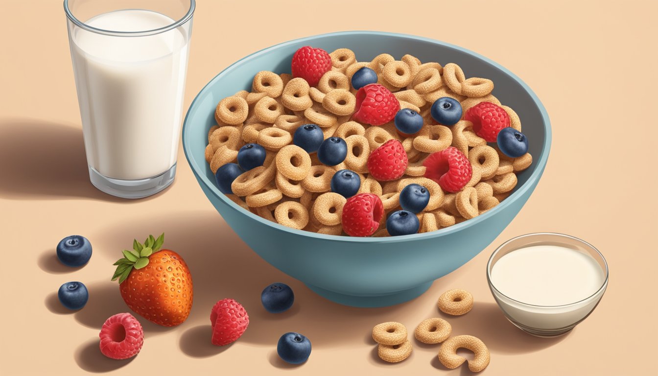 A bowl of All Bran and Cheerios side by side, surrounded by fresh fruit and a glass of milk