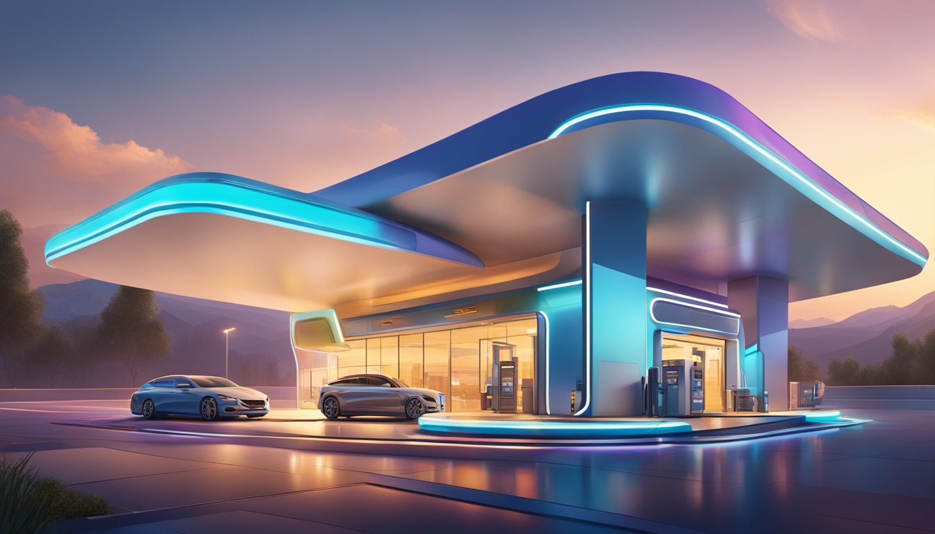 A futuristic, sleek gas station with multiple lanes for cars and a towering, modern architectural design. Bright lights and bold colors draw attention to the building