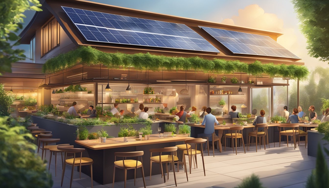 A bustling fusion restaurant with a modern, eco-friendly design. Solar panels on the roof, a garden with fresh herbs, and a diverse menu of international dishes