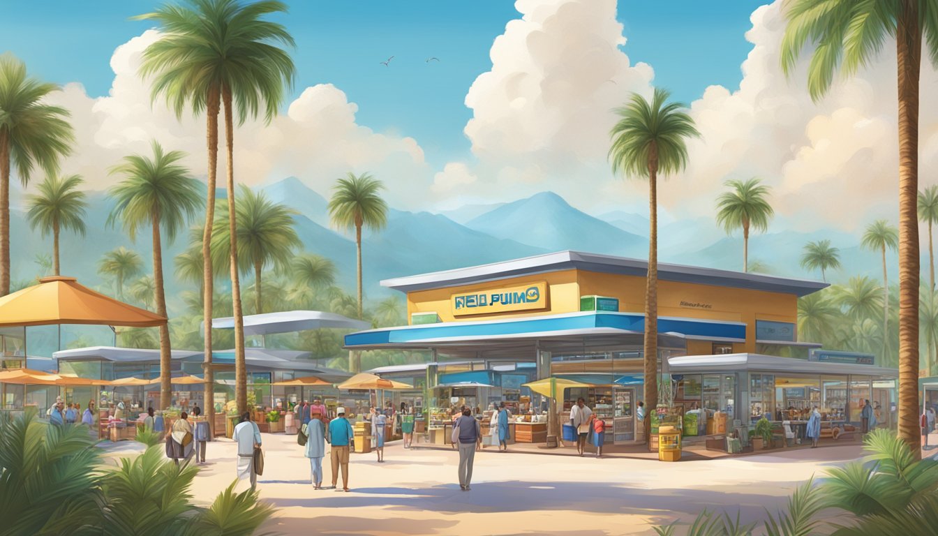 A bustling oasis with fuel pumps, food court, restrooms, and souvenir shop, surrounded by towering palm trees and a clear blue sky