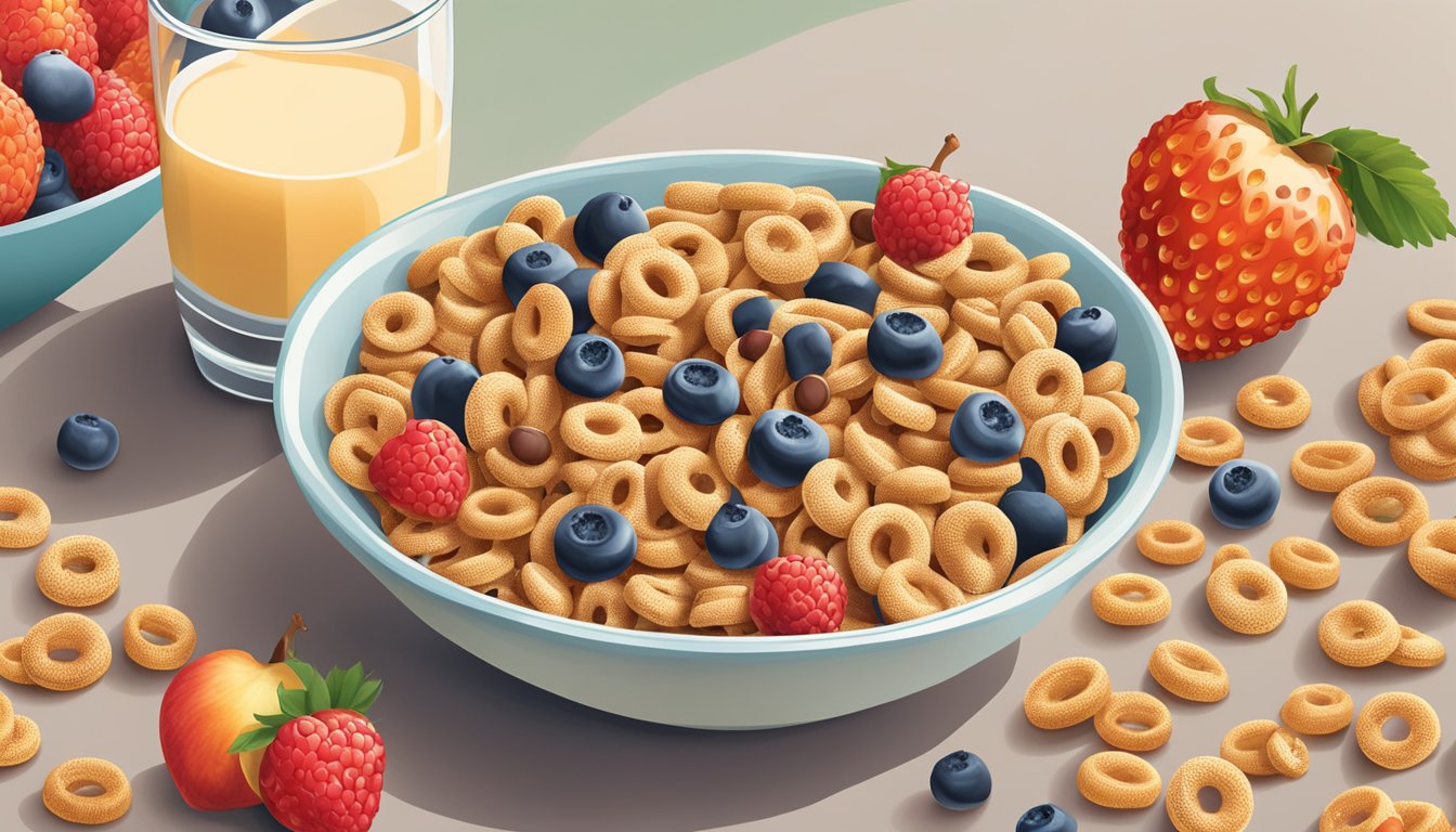 A bowl of All Bran and a bowl of Cheerios sit side by side, surrounded by fresh fruits and a glass of milk