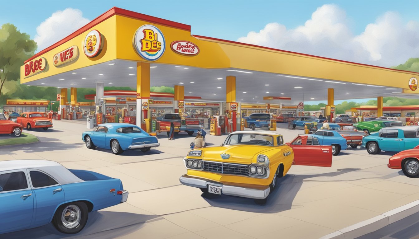 A bustling Buc-ee's gas station with a massive, colorful snack aisle and a line of cars at the fuel pumps