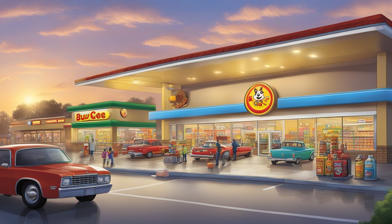 A bustling Buc-ee's gas station and convenience store, with rows of colorful merchandise and a busy fueling area. Bright lights and a large, distinctive beaver mascot welcome customers