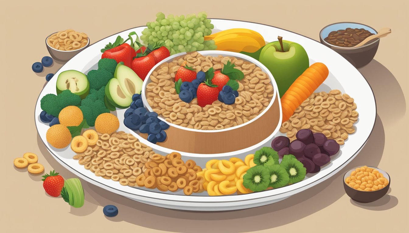 A bowl of All Bran and Cheerios surrounded by various fruits and vegetables, with a magnifying glass highlighting the vitamin and mineral content of each cereal