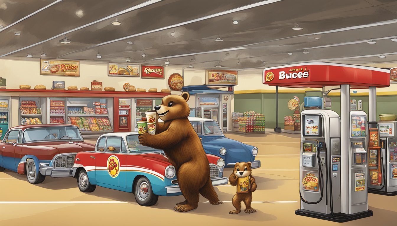 A bustling Buc-ee's gas station with a towering beaver mascot, a variety of snacks, and a strong scent of freshly brewed coffee