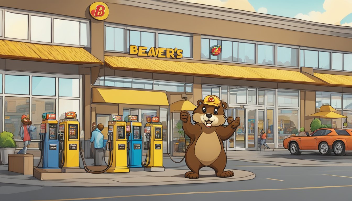 A larger-than-life beaver mascot stands proudly in front of a bustling Buc-ee's store, surrounded by towering gas pumps and a line of eager customers