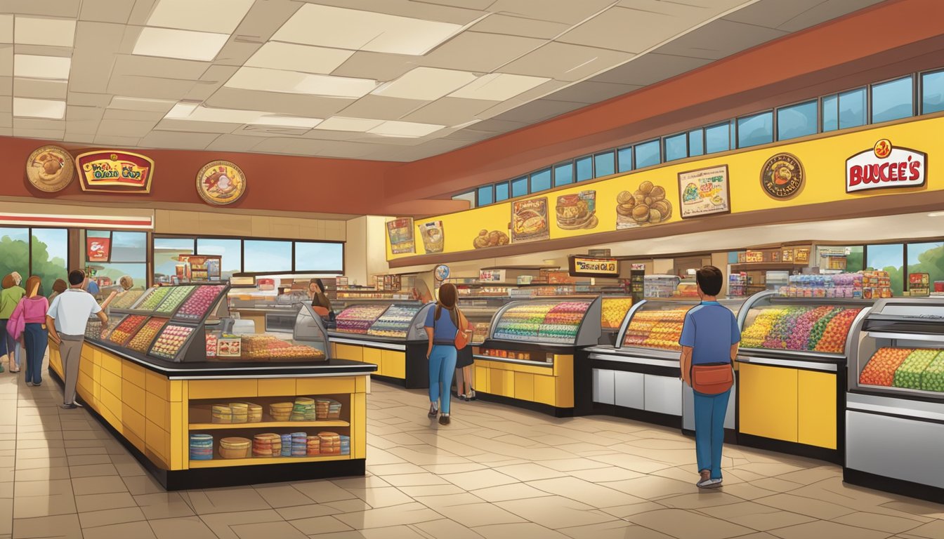 A bustling Buc-ee's store with a warm, welcoming atmosphere. The scent of freshly brewed coffee and sweet treats fills the air, inviting customers to explore