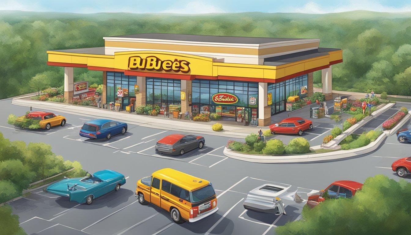 A bustling Buc-ee's store with colorful merchandise, fuel pumps, and a towering beaver mascot, surrounded by a sprawling parking lot and lush greenery