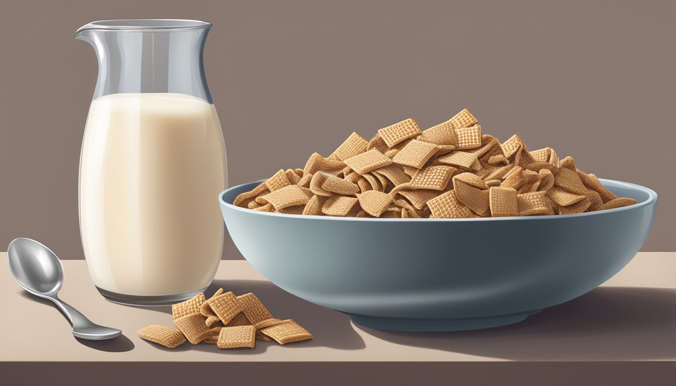 A bowl of All Bran and a bowl of Chex cereal side by side with a measuring cup of milk, a spoon, and a nutrition label nearby