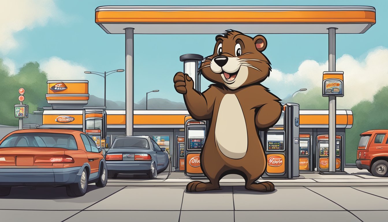 A large beaver mascot stands proudly in front of a massive, bustling travel stop, surrounded by towering gas pumps and a line of cars