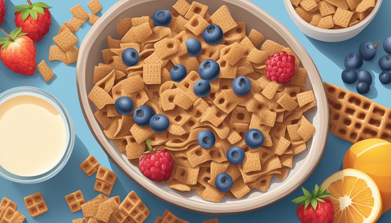 A bowl of All Bran and Chex cereal side by side, surrounded by various fruits and a glass of milk