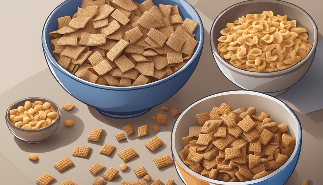 A bowl of All-Bran and a bowl of Chex side by side, surrounded by various cereal boxes and ingredients