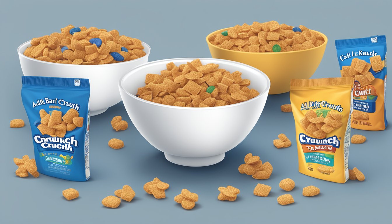 A bowl of All-Bran and Cap'n Crunch next to each other, with a nutritional label for each cereal next to their respective bowls