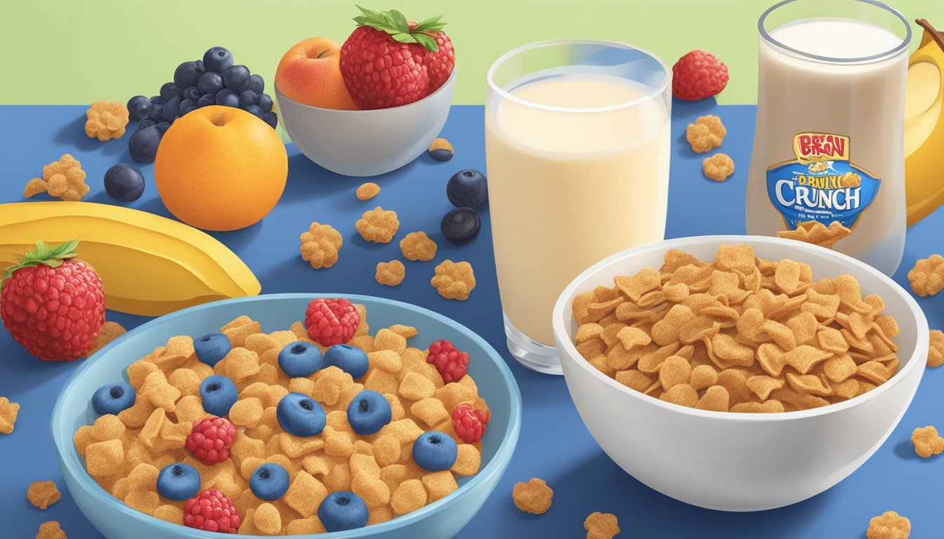 A bowl of All Bran and a bowl of Cap'n Crunch sit side by side, surrounded by a variety of fruits and a glass of milk