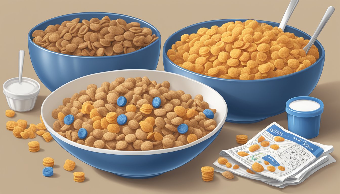 A bowl of All-Bran and a bowl of Cap'n Crunch sit side by side, surrounded by measuring cups and nutritional labels