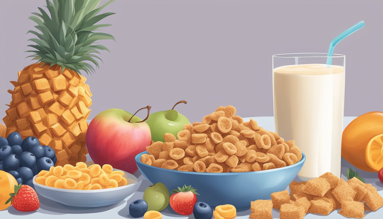 A bowl of All Bran next to a bowl of Cap'n Crunch, surrounded by fresh fruit and a glass of milk