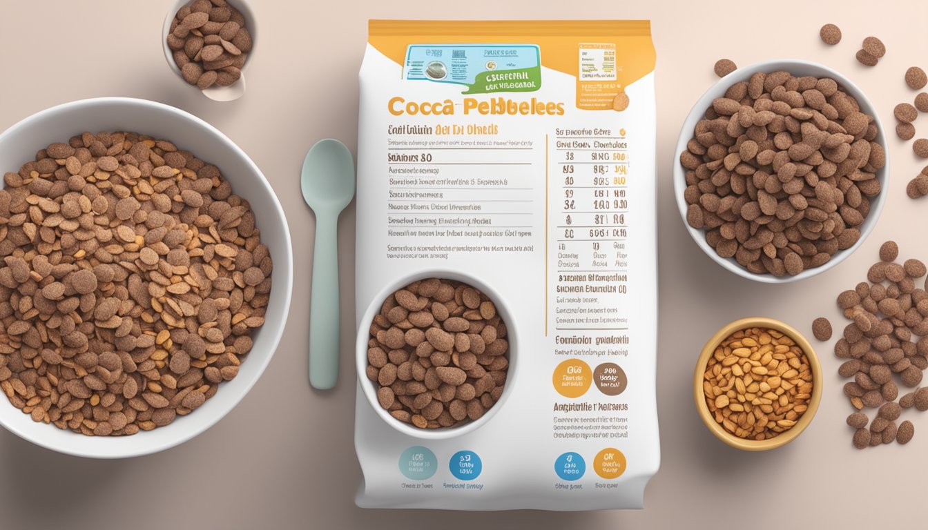 A bowl of All Bran and a bowl of Cocoa Pebbles side by side with nutritional information displayed above each