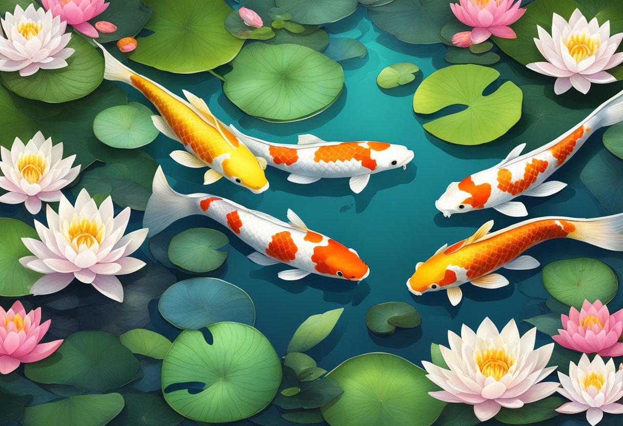 A tranquil pond filled with colorful koi fish of various patterns and sizes, surrounded by lush greenery and blooming water lilies