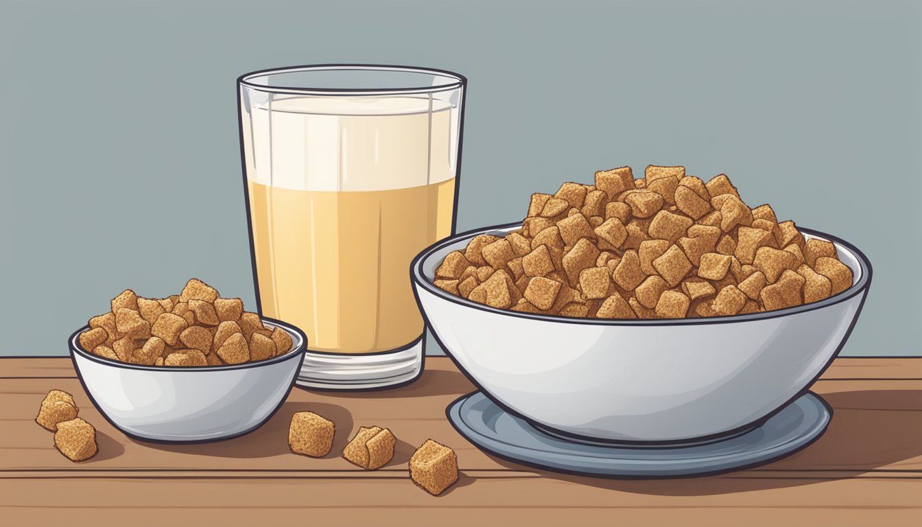 A bowl of All Bran and a bowl of Cap'n Crunch sit side by side on a table, surrounded by fresh fruit and a glass of milk