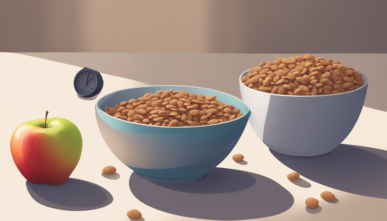 A bowl of All Bran and a bowl of Cocoa Pebbles side by side with a measuring tape and an apple in the background